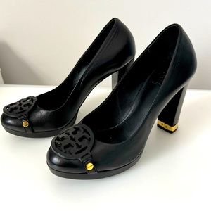 Tory Burch, Black Leather Rare Logo Platform Pumps, US 6.5